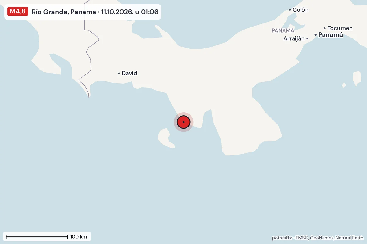 Karta: šire područje, 600 km, potres M4,8, Río Grande, Panama, 11.10.2026.