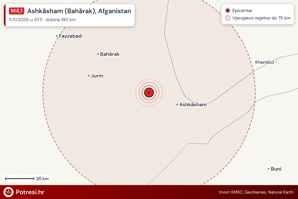 Karta: šire područje i vjerojatni doseg osjeta, potres M4,1, Ashkāsham (Bahārak), Afganistan, 11.10.2026.