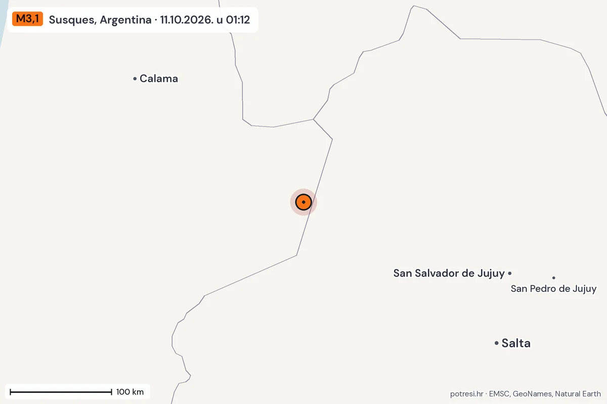 Karta: šire područje, 600 km, potres M3,1, Susques, Argentina, 11.10.2026.
