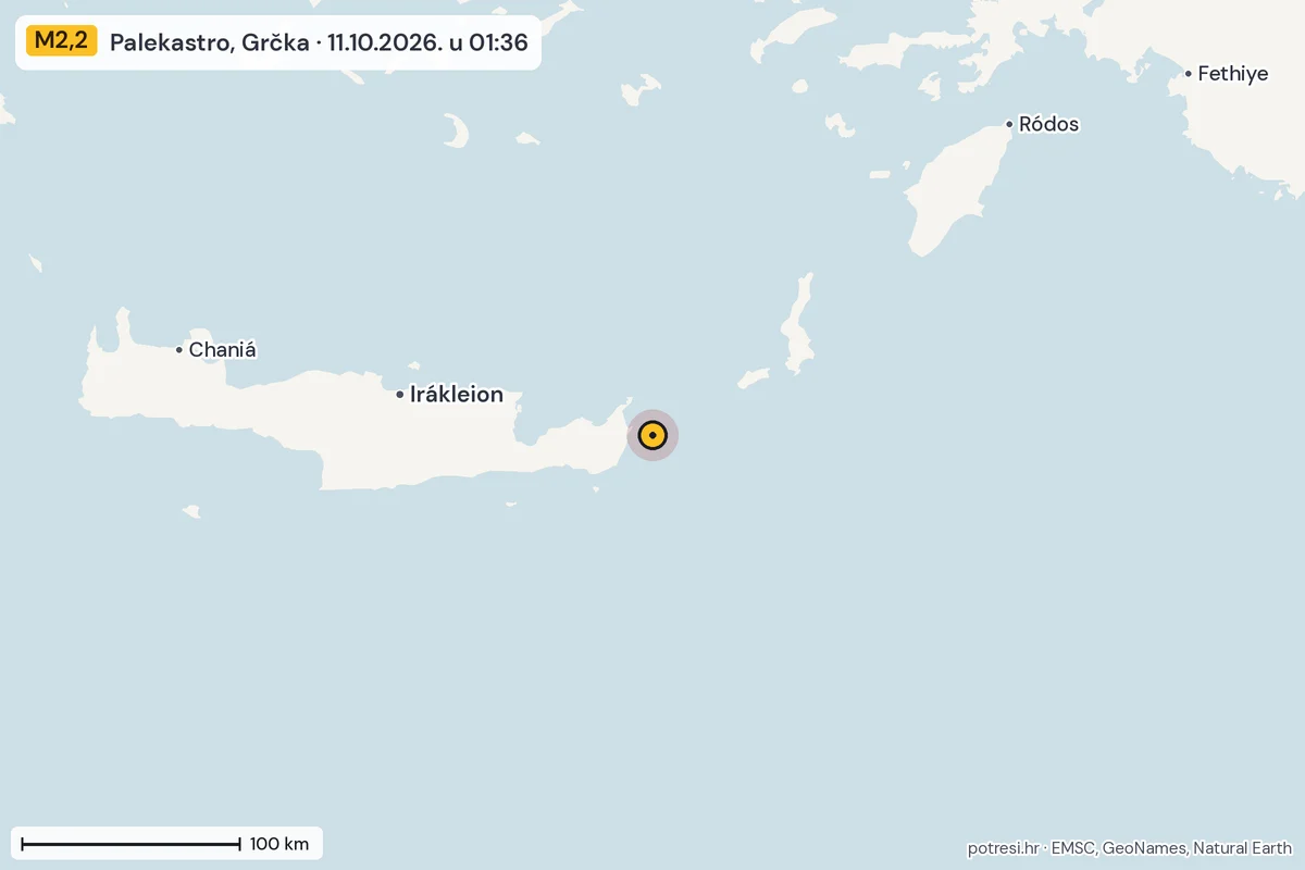 Karta: šire područje, 600 km, potres M2,2, Palekastro, Grčka, 11.10.2026.