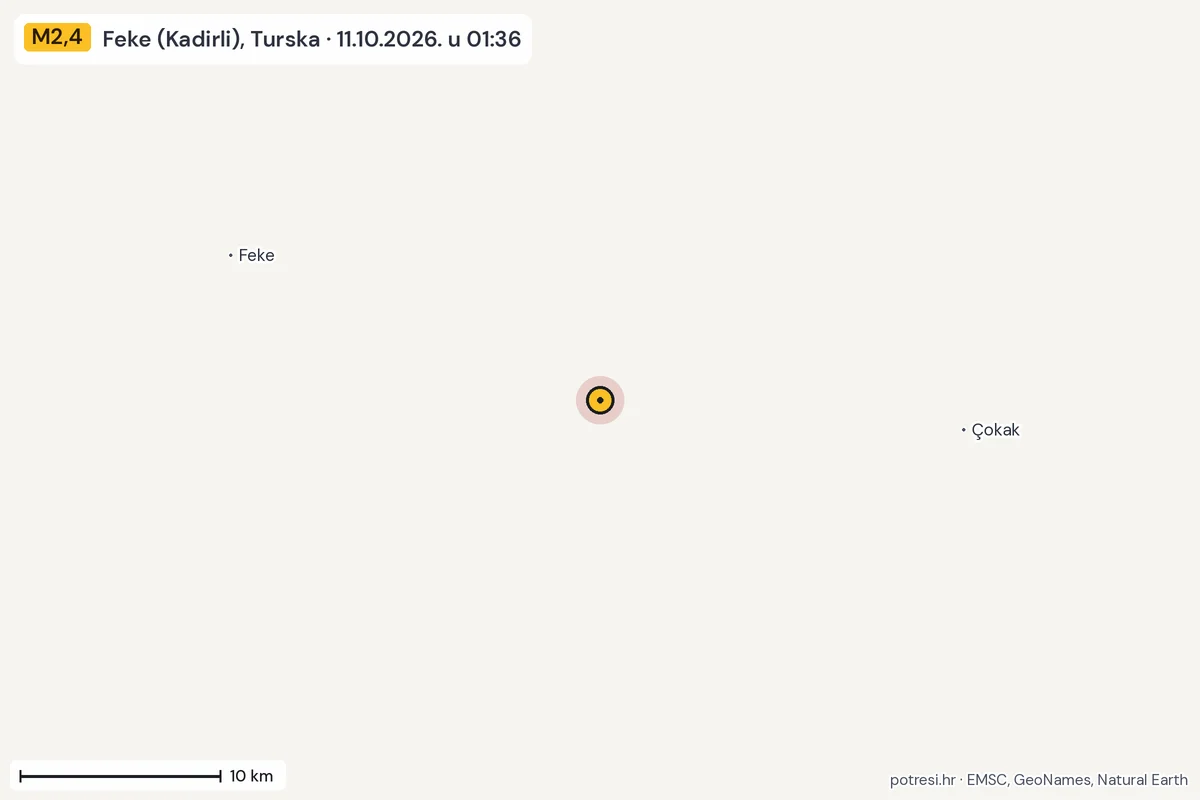 Karta: okolica epicentra, 60 km, potres M2,4, Feke (Kadirli), Turska, 11.10.2026.