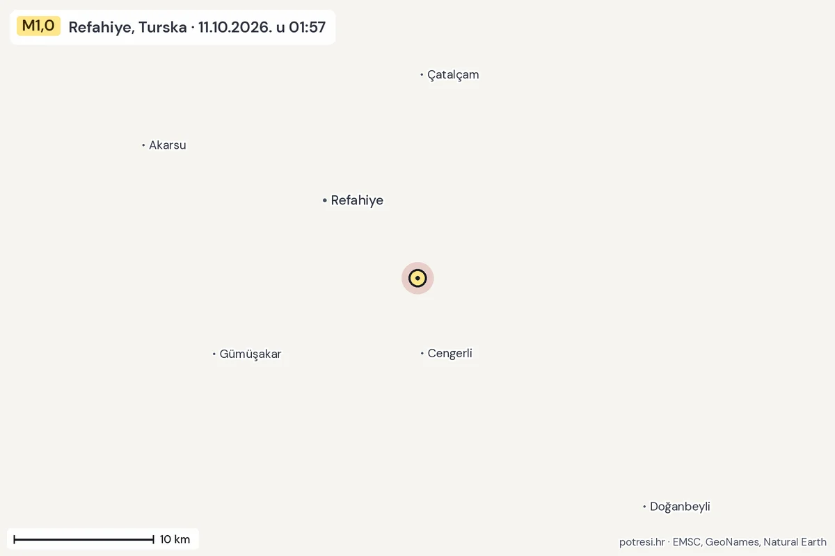 Karta: okolica epicentra, 60 km, potres M1,0, Refahiye, Turska, 11.10.2026.