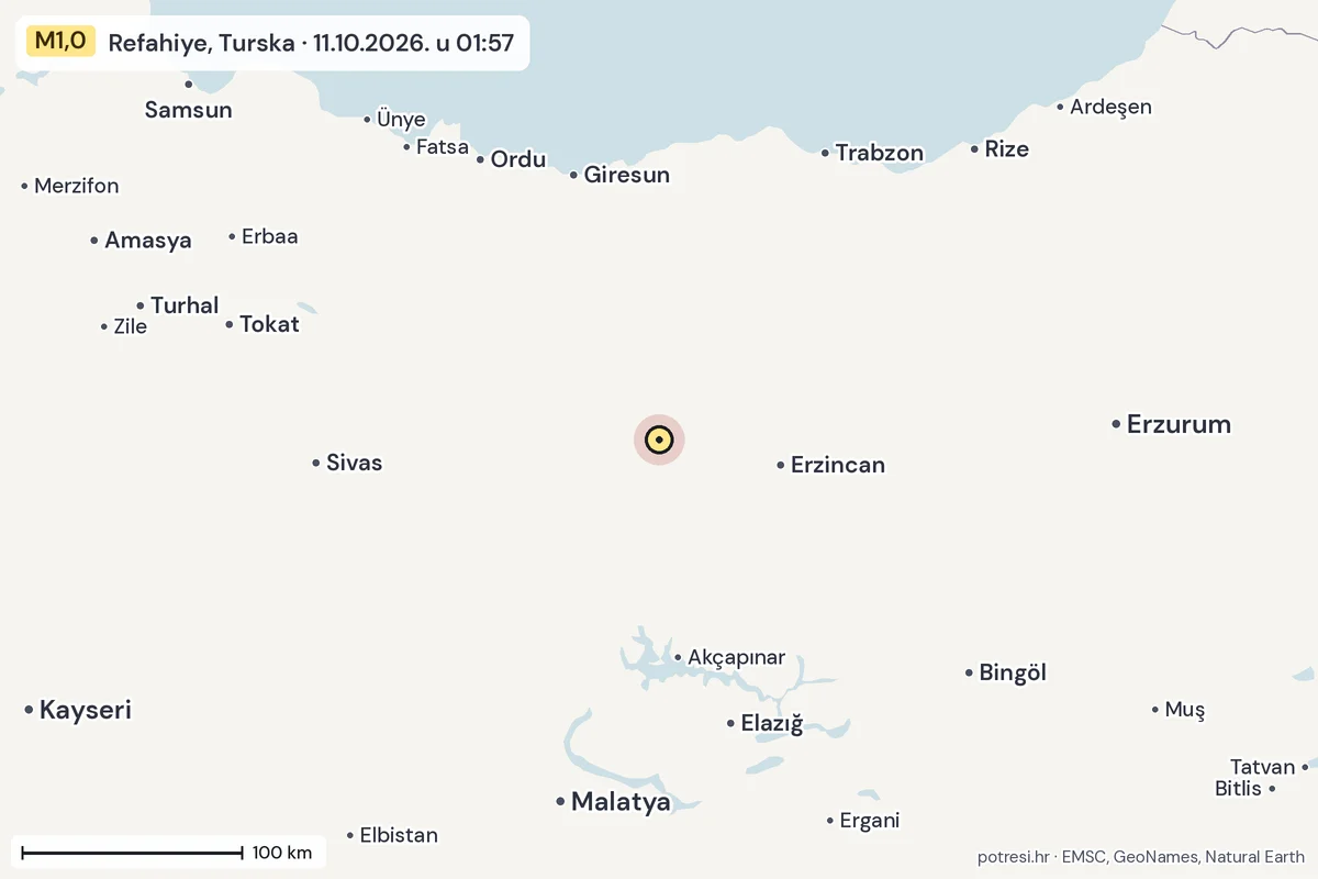 Karta: šire područje, 600 km, potres M1,0, Refahiye, Turska, 11.10.2026.