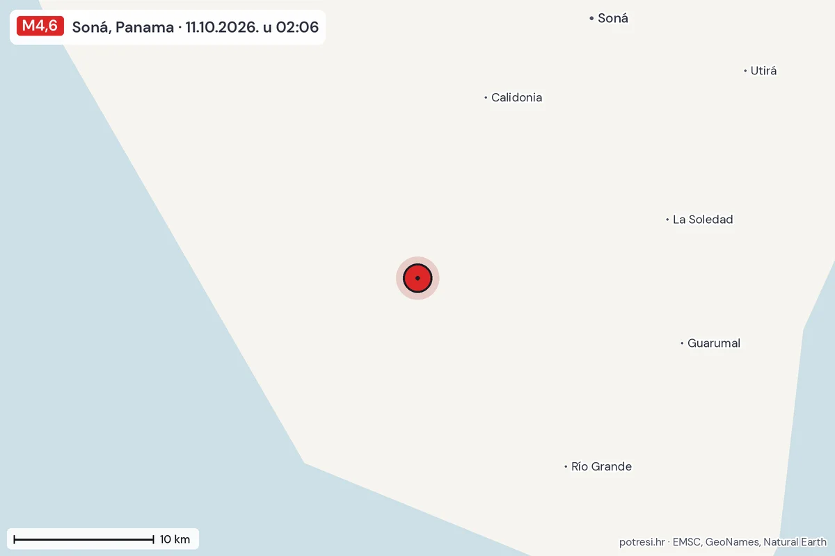 Karta: okolica epicentra, 60 km, potres M4,6, Soná, Panama, 11.10.2026.