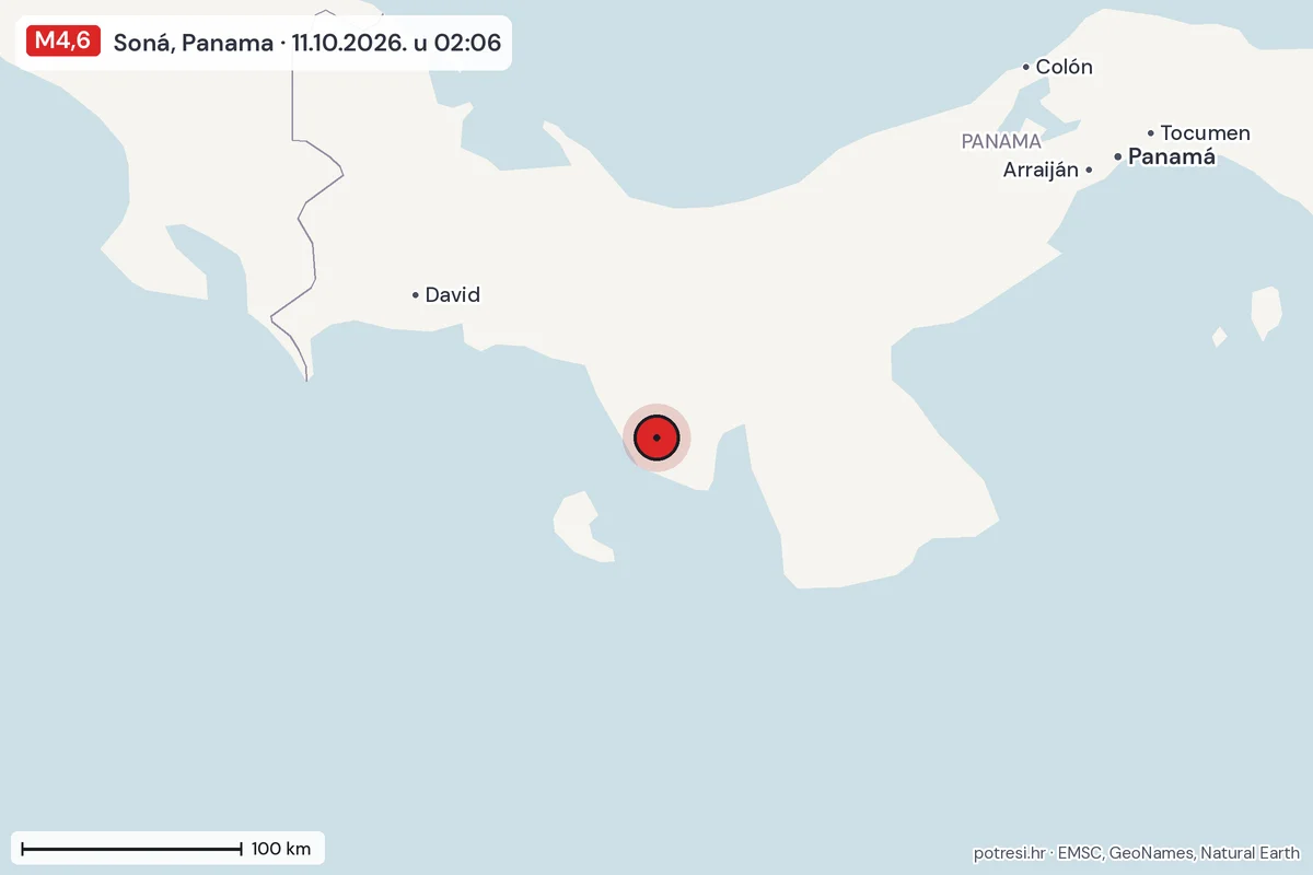 Karta: šire područje, 600 km, potres M4,6, Soná, Panama, 11.10.2026.