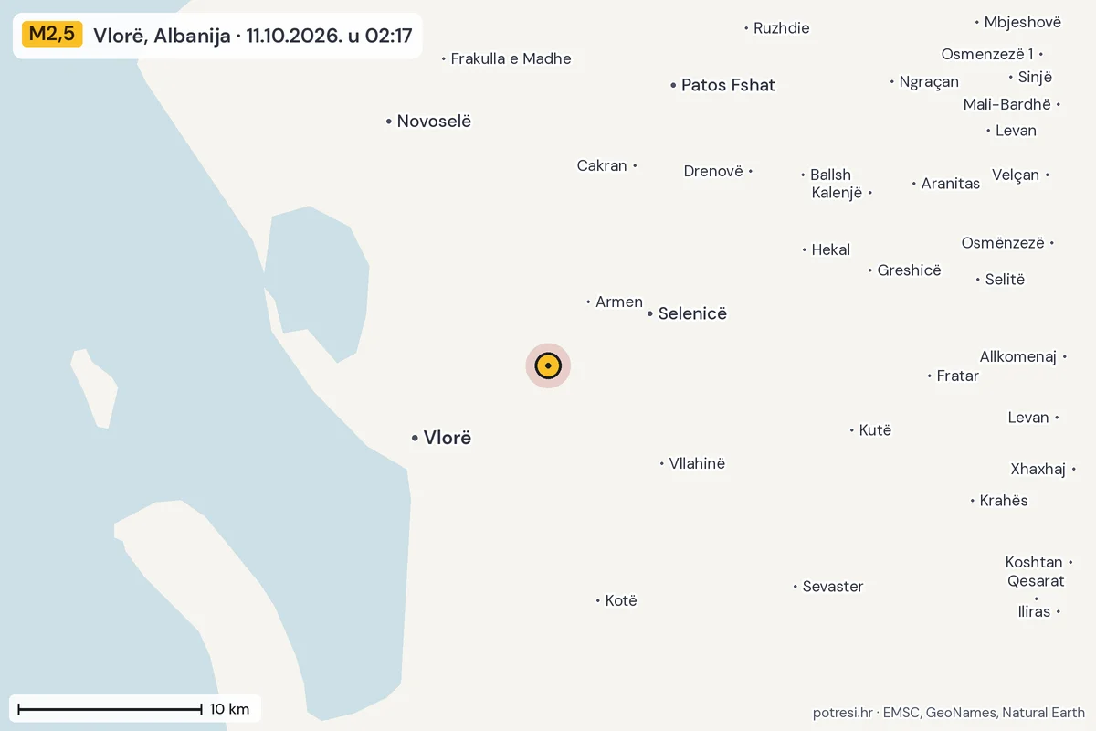 Karta: okolica epicentra, 60 km, potres M2,5, Vlorë, Albanija, 11.10.2026.