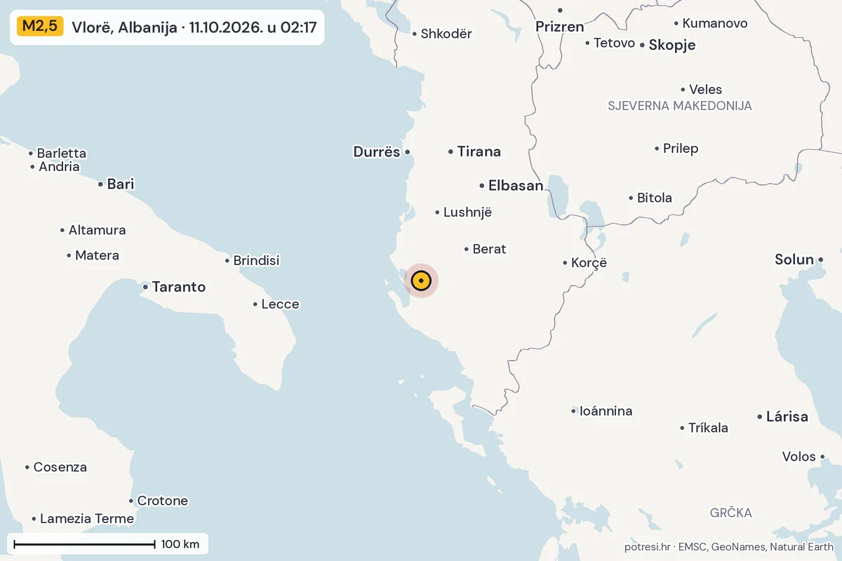 Karta: šire područje, 600 km, potres M2,5, Vlorë, Albanija, 11.10.2026.