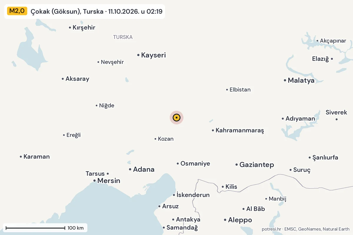 Karta: šire područje, 600 km, potres M2,0, Çokak (Göksun), Turska, 11.10.2026.