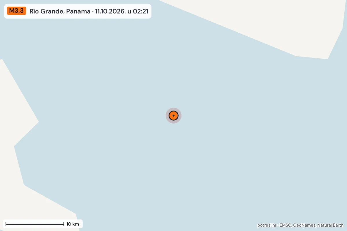 Karta: okolica epicentra, 60 km, potres M3,3, Río Grande, Panama, 11.10.2026.