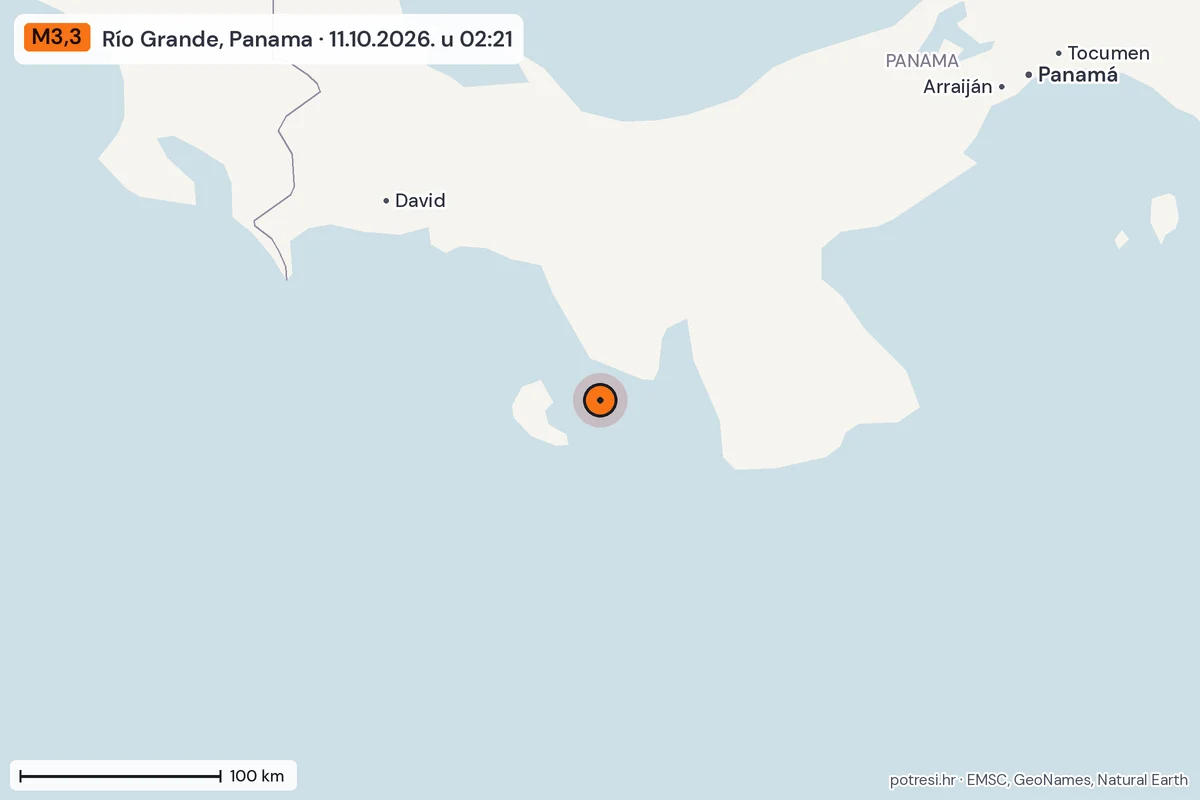 Karta: šire područje, 600 km, potres M3,3, Río Grande, Panama, 11.10.2026.