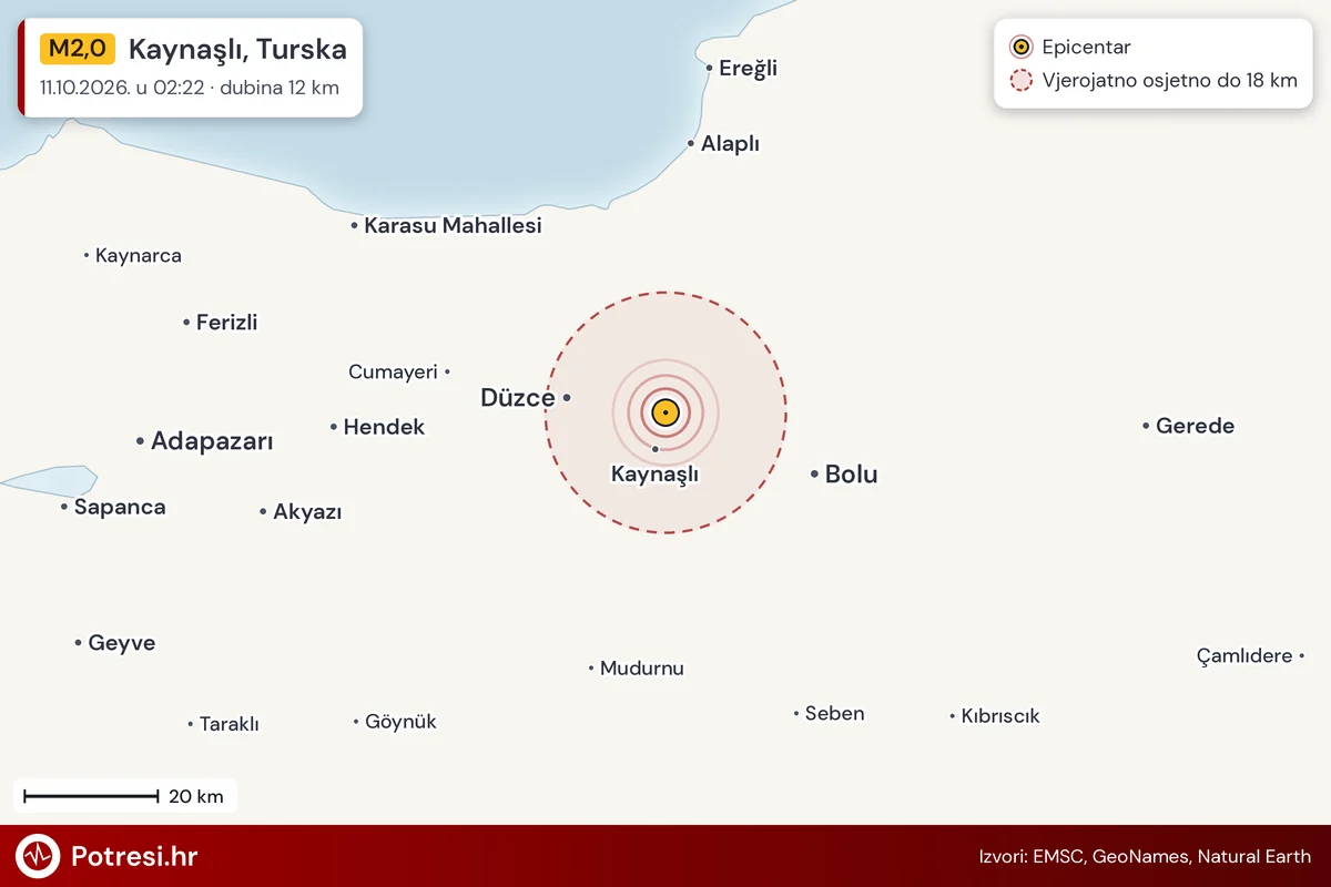 Karta: šire područje i vjerojatni doseg osjeta, potres M2,0, Kaynaşlı, Turska, 11.10.2026.
