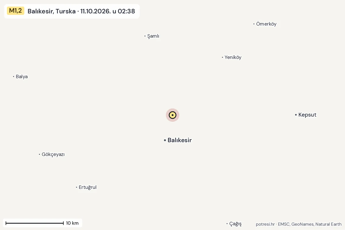Karta: okolica epicentra, 60 km, potres M1,2, Balıkesir, Turska, 11.10.2026.