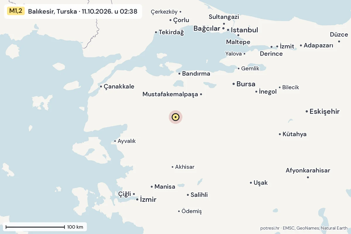 Karta: šire područje, 600 km, potres M1,2, Balıkesir, Turska, 11.10.2026.