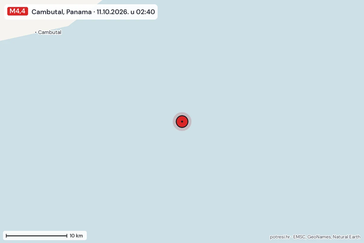 Karta: okolica epicentra, 60 km, potres M4,4, Cambutal, Panama, 11.10.2026.