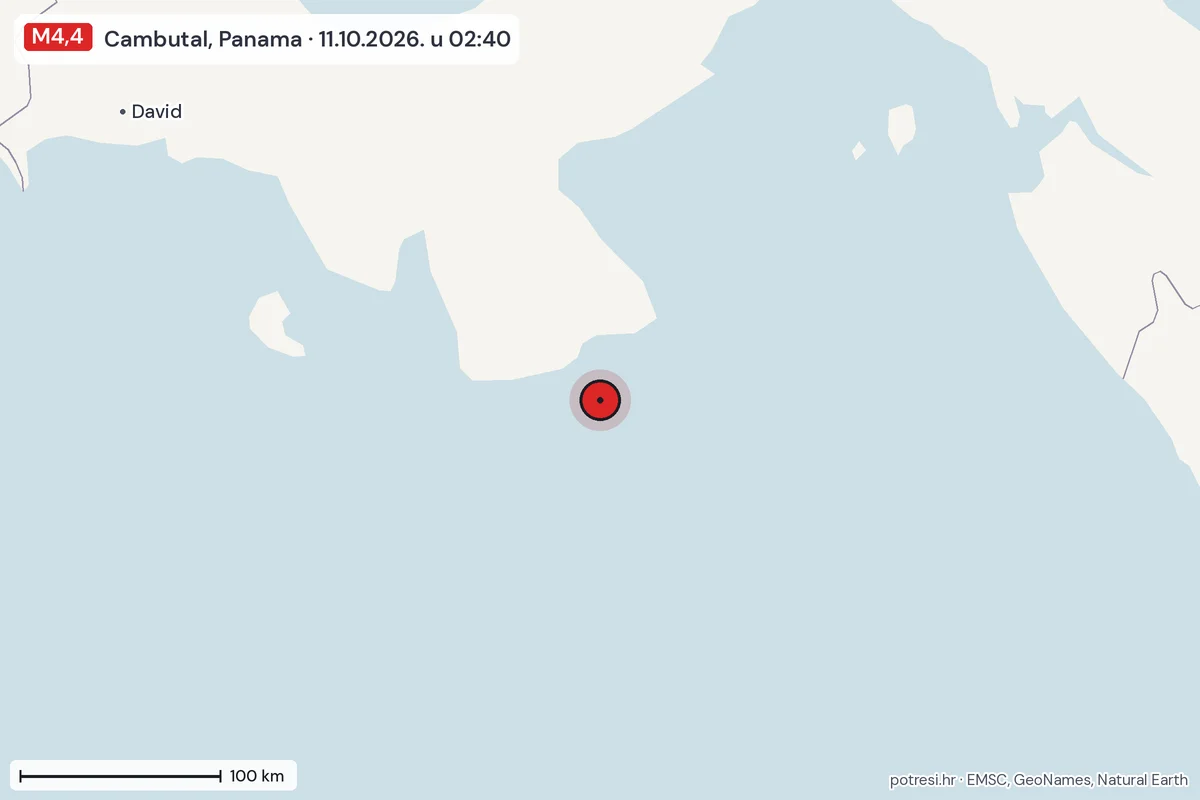 Karta: šire područje, 600 km, potres M4,4, Cambutal, Panama, 11.10.2026.