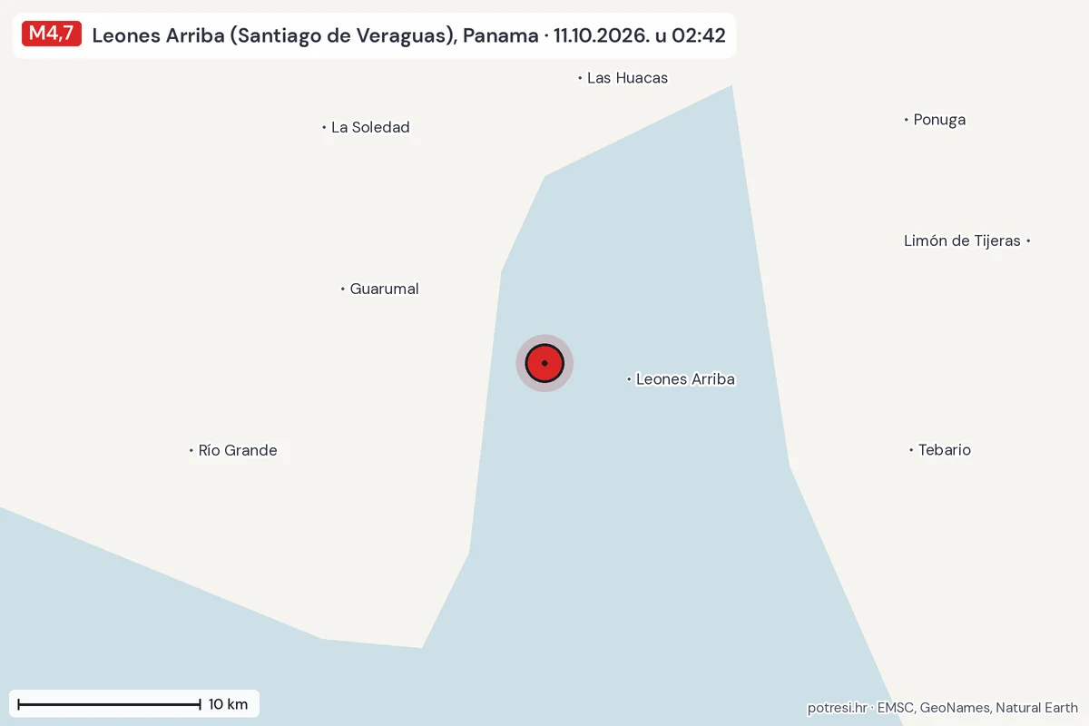 Karta: okolica epicentra, 60 km, potres M4,7, Leones Arriba (Santiago de Veraguas), Panama, 11.10.2026.
