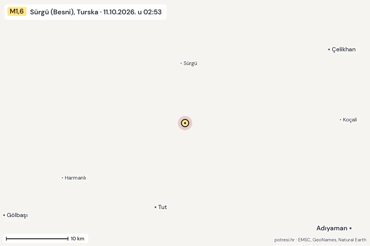 Karta: okolica epicentra, 60 km, potres M1,6, Sürgü (Besni), Turska, 11.10.2026.