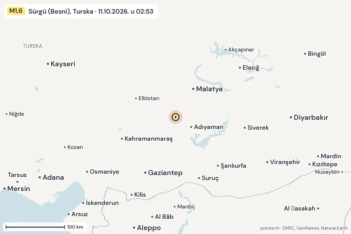 Karta: šire područje, 600 km, potres M1,6, Sürgü (Besni), Turska, 11.10.2026.