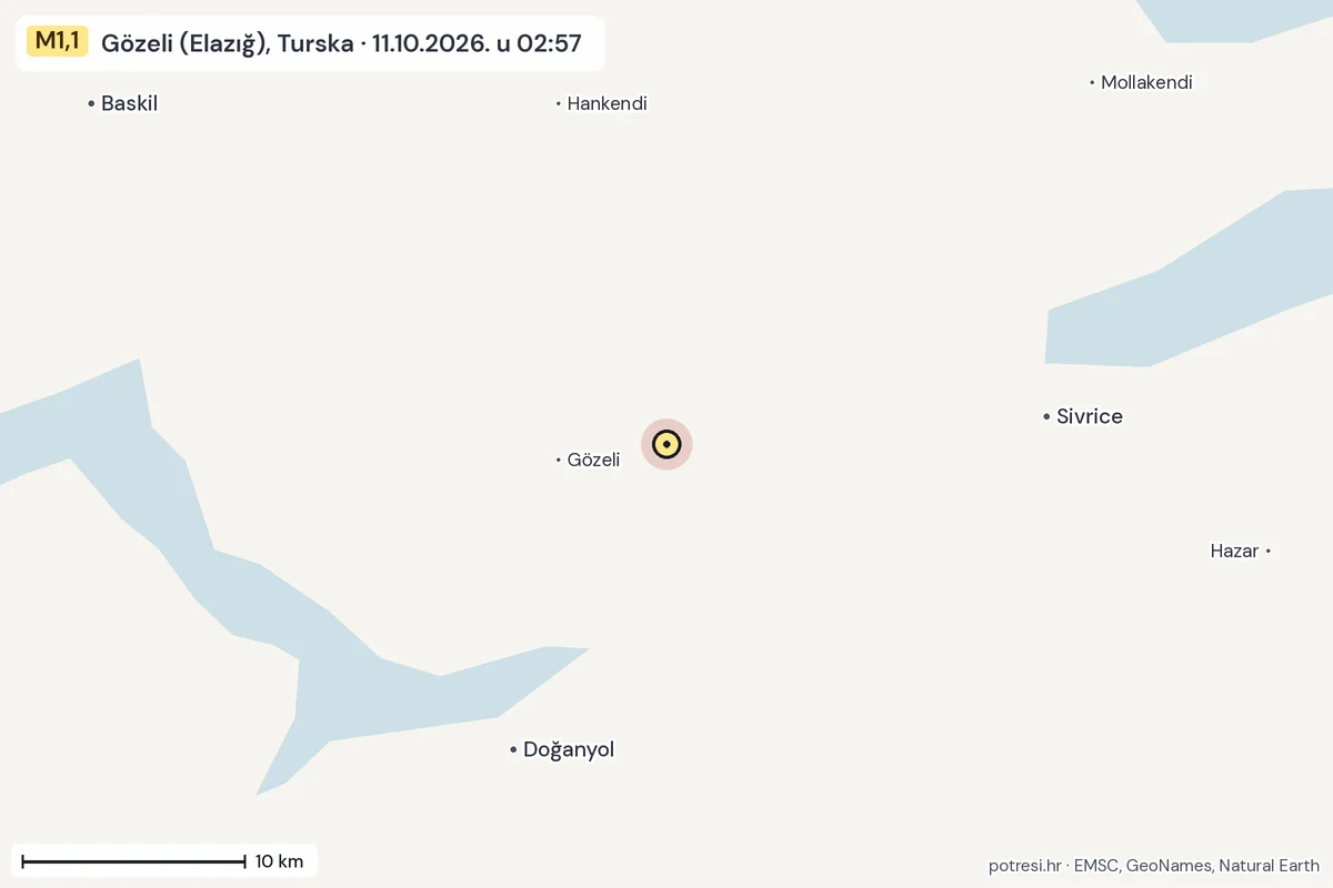 Karta: okolica epicentra, 60 km, potres M1,1, Gözeli (Elazığ), Turska, 11.10.2026.