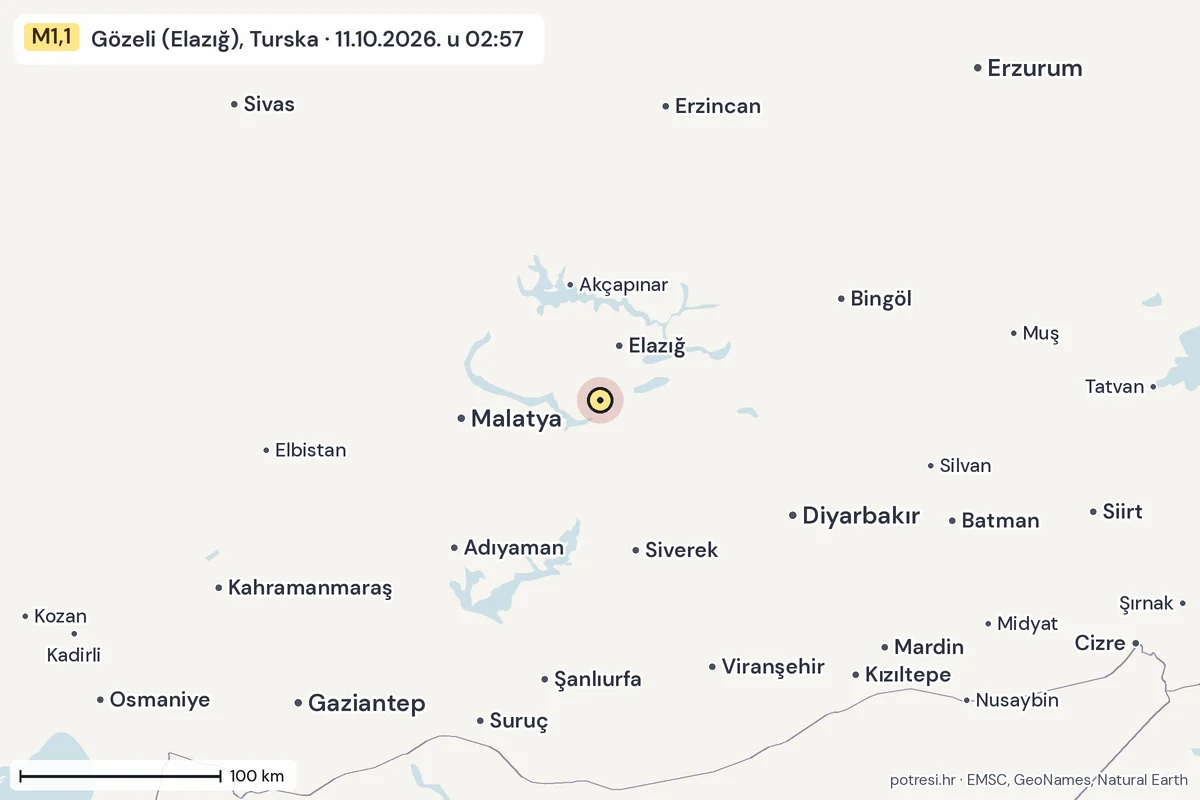 Karta: šire područje, 600 km, potres M1,1, Gözeli (Elazığ), Turska, 11.10.2026.
