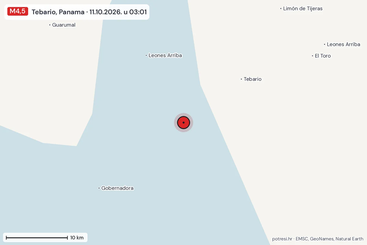 Karta: okolica epicentra, 60 km, potres M4,5, Tebario, Panama, 11.10.2026.