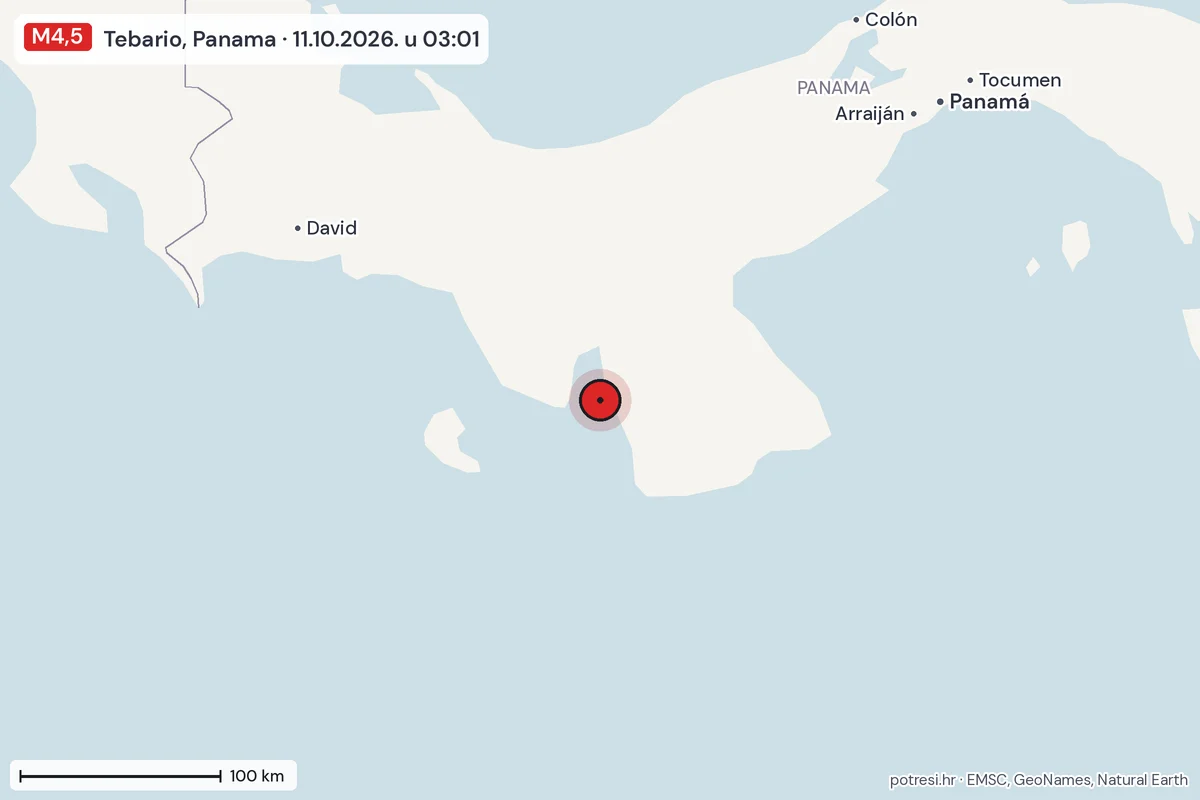 Karta: šire područje, 600 km, potres M4,5, Tebario, Panama, 11.10.2026.