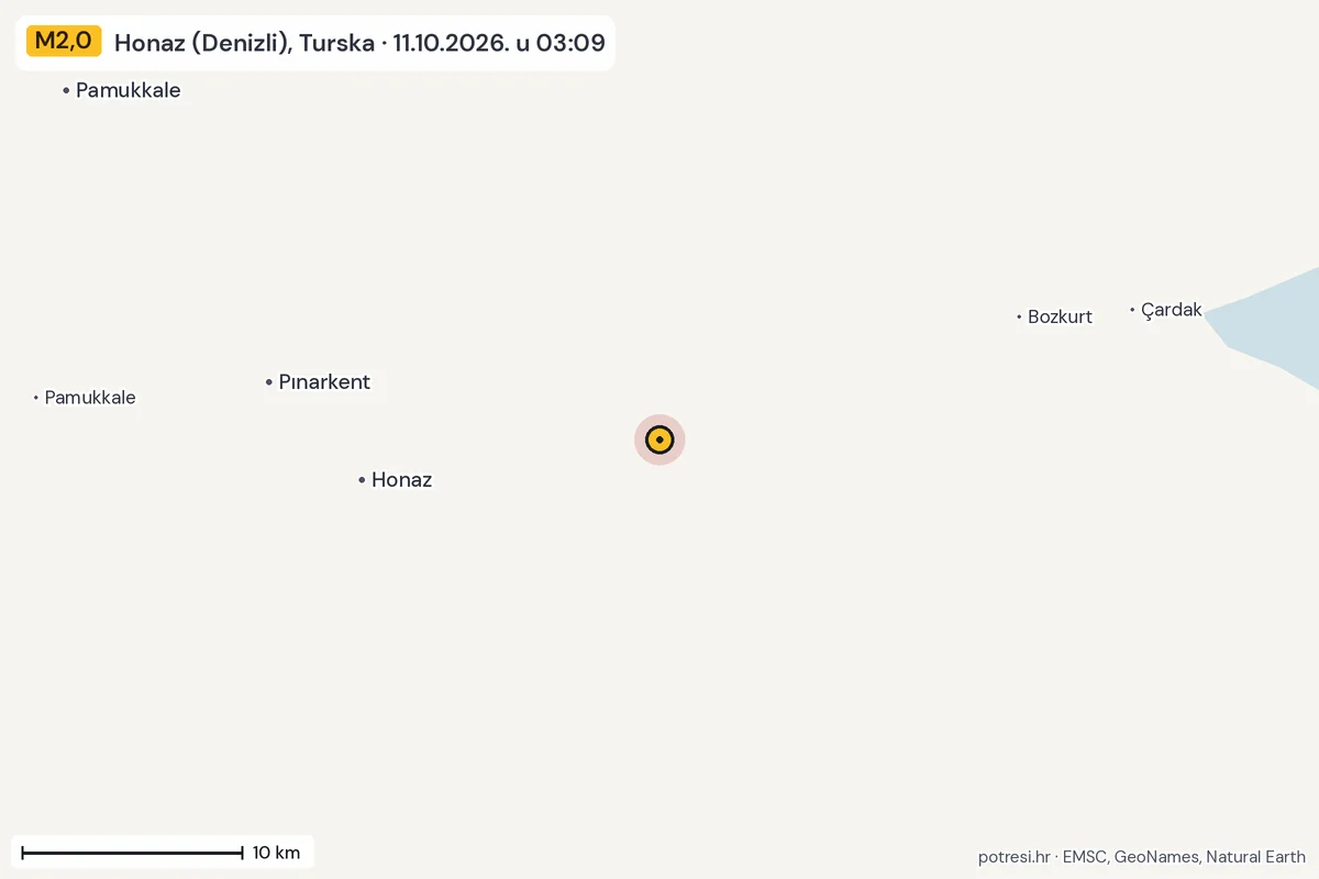 Karta: okolica epicentra, 60 km, potres M2,0, Honaz (Denizli), Turska, 11.10.2026.