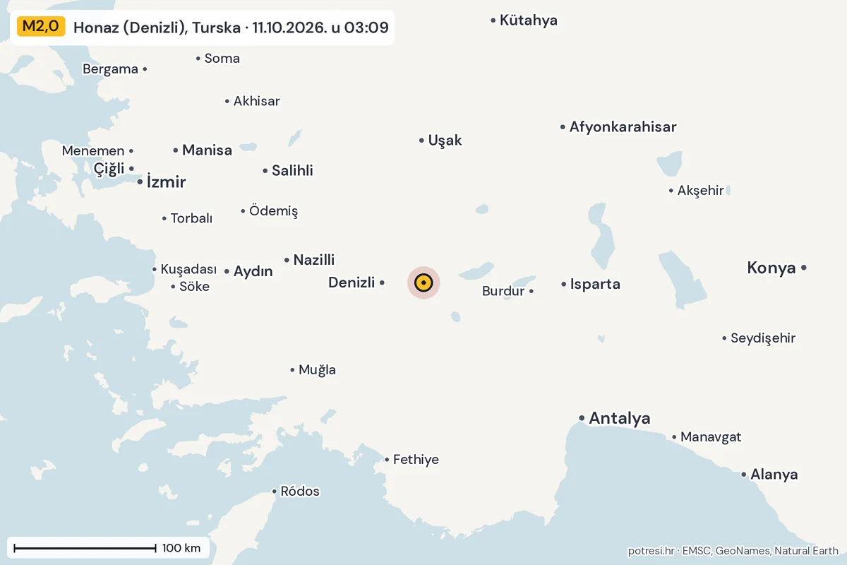 Karta: šire područje, 600 km, potres M2,0, Honaz (Denizli), Turska, 11.10.2026.