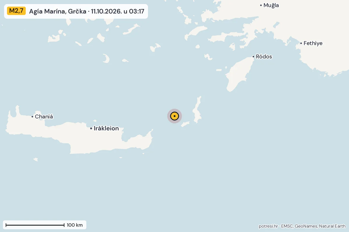 Karta: šire područje, 600 km, potres M2,7, Agía Marína, Grčka, 11.10.2026.