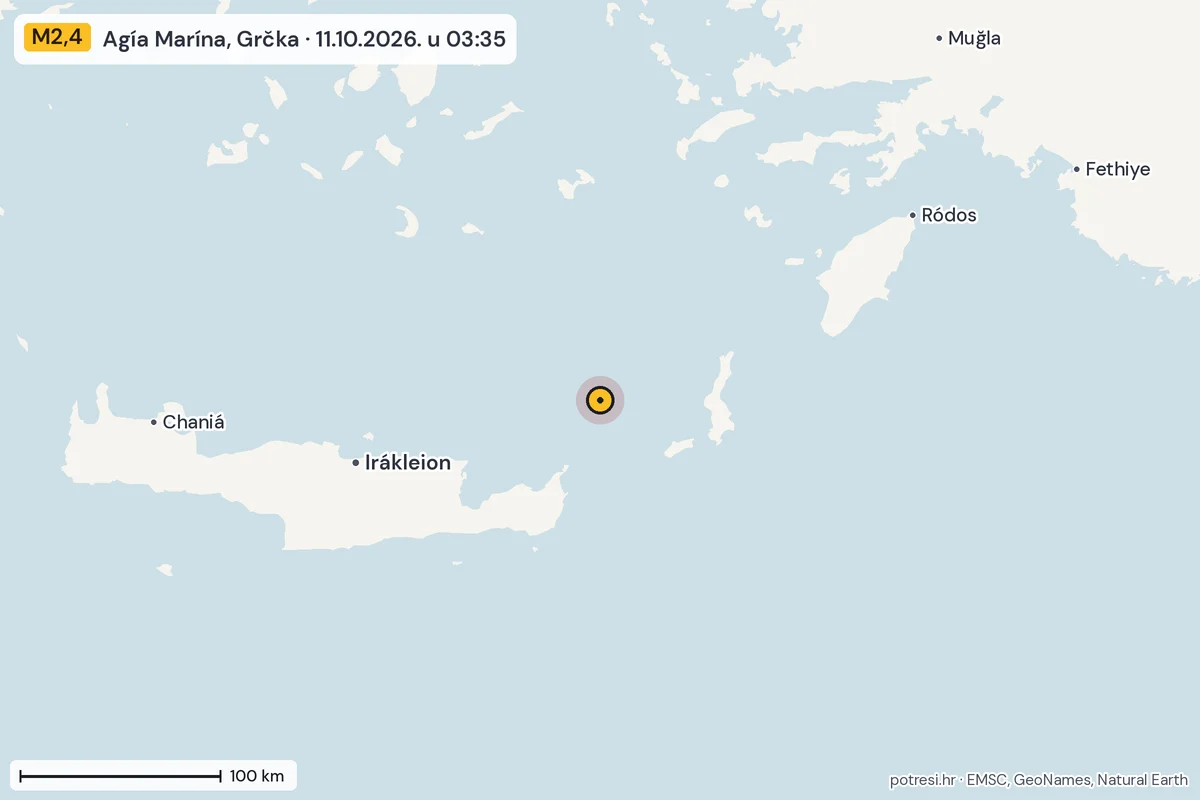 Karta: šire područje, 600 km, potres M2,4, Agía Marína, Grčka, 11.10.2026.