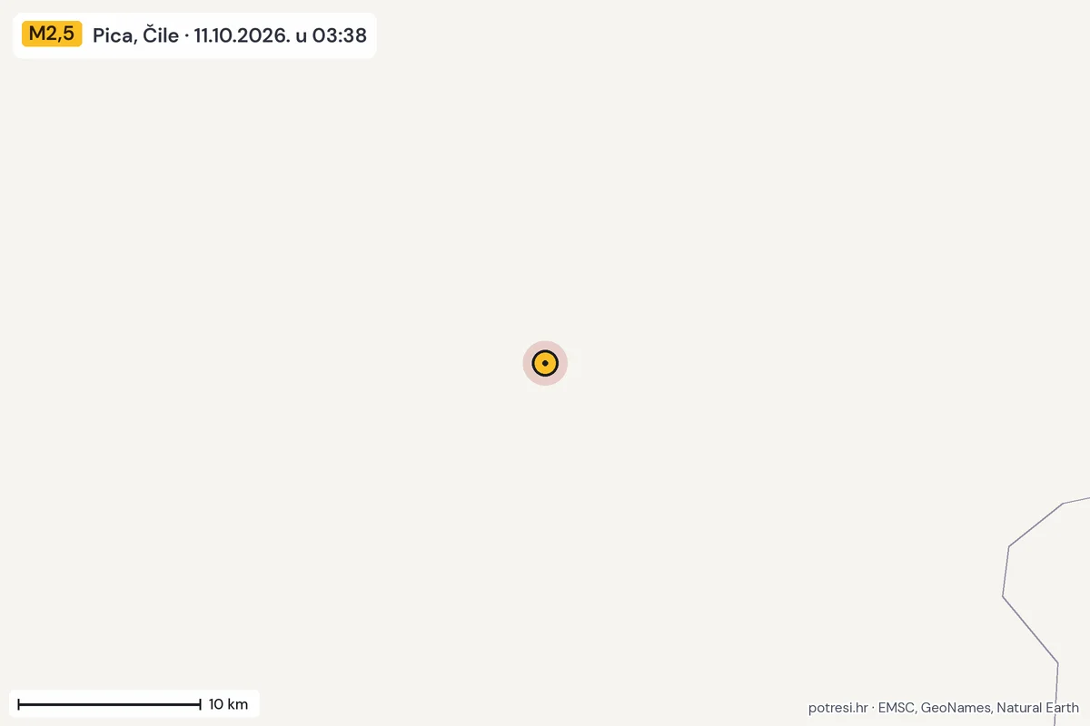 Karta: okolica epicentra, 60 km, potres M2,5, Pica, Čile, 11.10.2026.