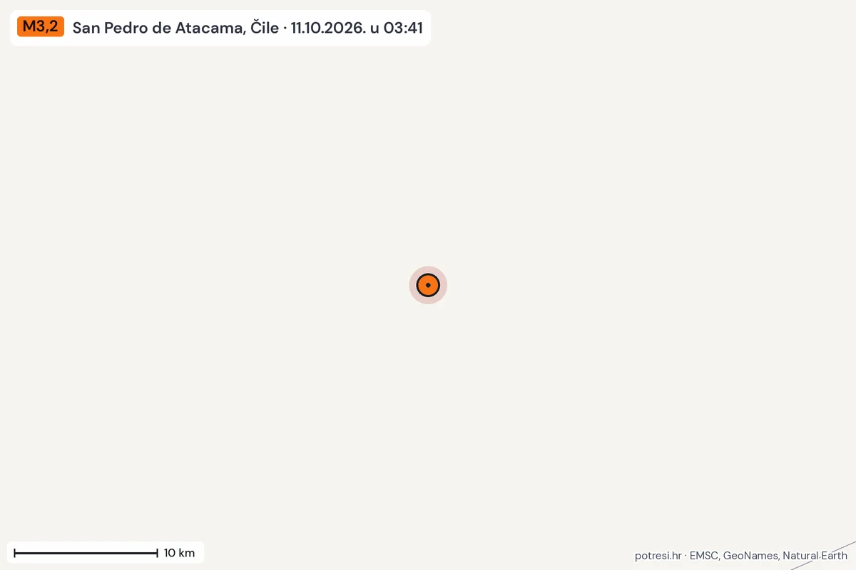 Karta: okolica epicentra, 60 km, potres M3,2, San Pedro de Atacama, Čile, 11.10.2026.