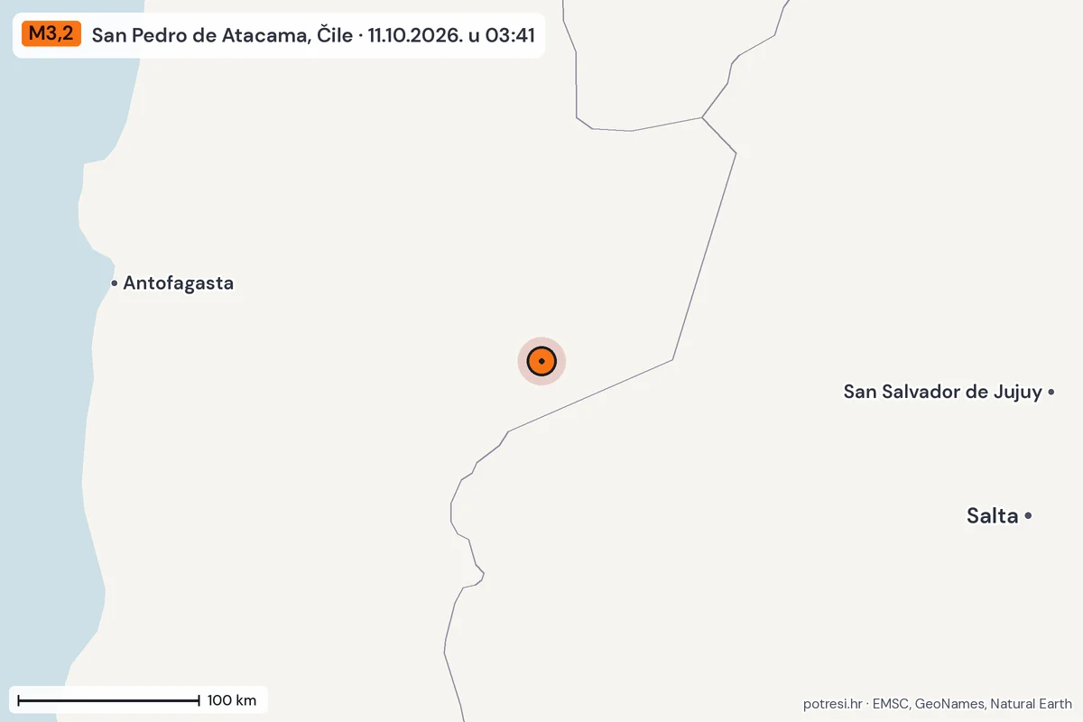 Karta: šire područje, 600 km, potres M3,2, San Pedro de Atacama, Čile, 11.10.2026.