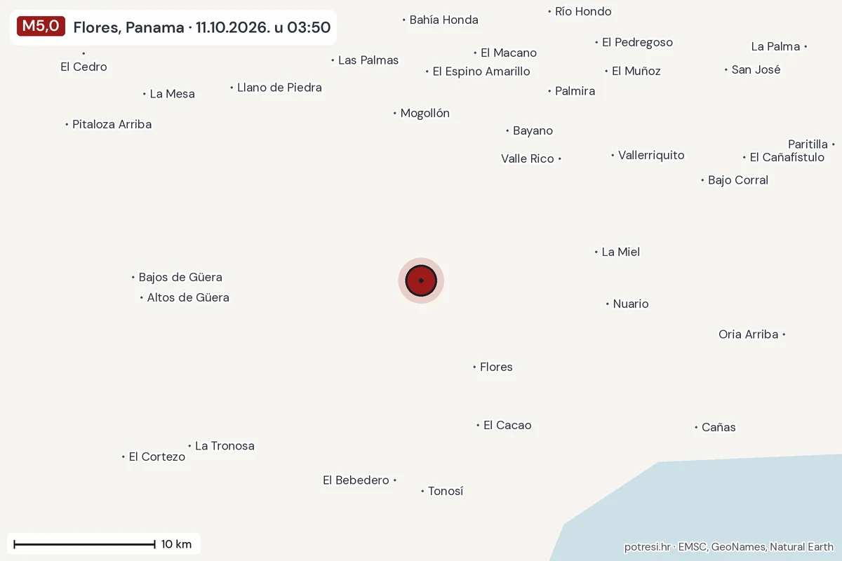 Karta: okolica epicentra, 60 km, potres M5,0, Flores, Panama, 11.10.2026.