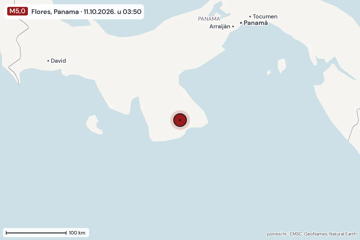 Karta: šire područje, 600 km, potres M5,0, Flores, Panama, 11.10.2026.