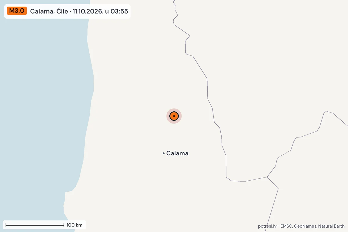 Karta: šire područje, 600 km, potres M3,0, Calama, Čile, 11.10.2026.