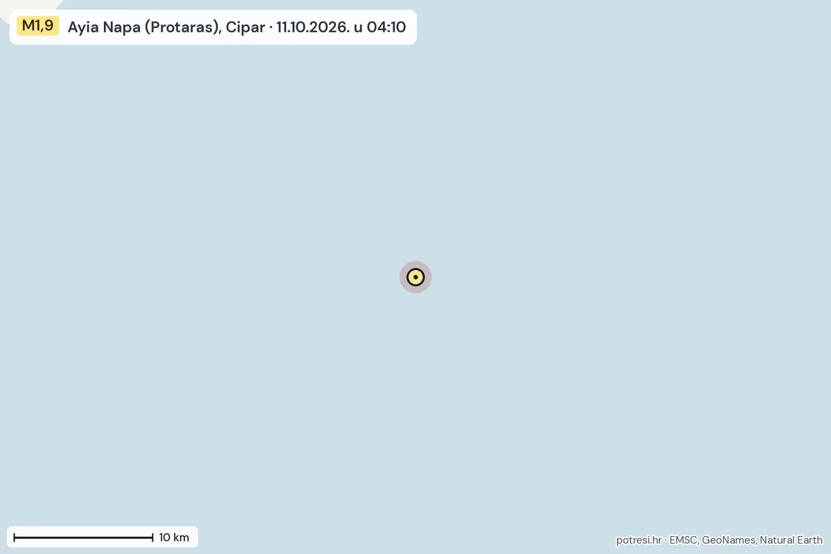 Karta: okolica epicentra, 60 km, potres M1,9, Ayia Napa (Protaras), Cipar, 11.10.2026.