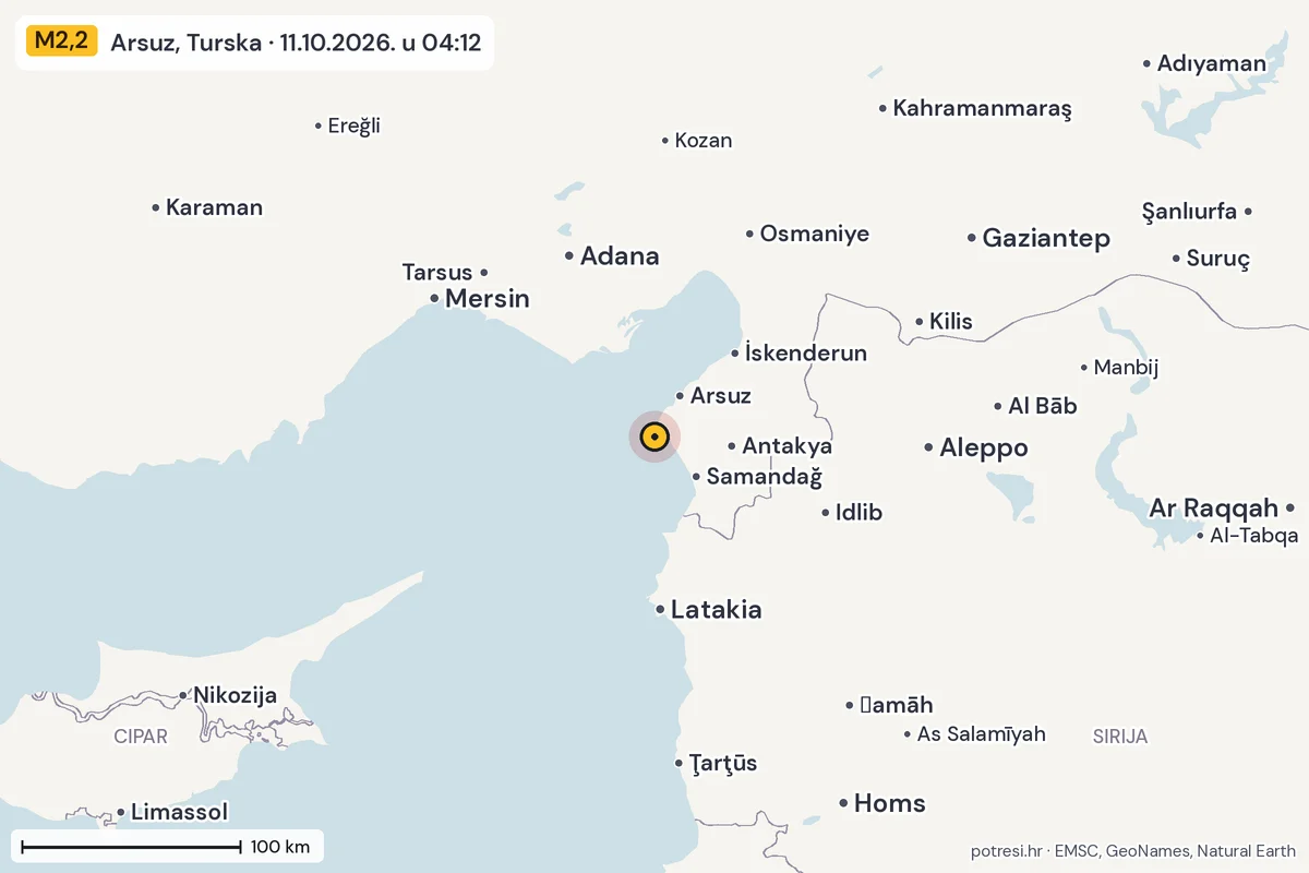 Karta: šire područje, 600 km, potres M2,2, Arsuz, Turska, 11.10.2026.