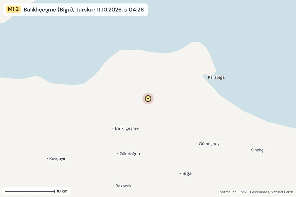Karta: okolica epicentra, 60 km, potres M1,2, Balıklıçeşme (Biga), Turska, 11.10.2026.