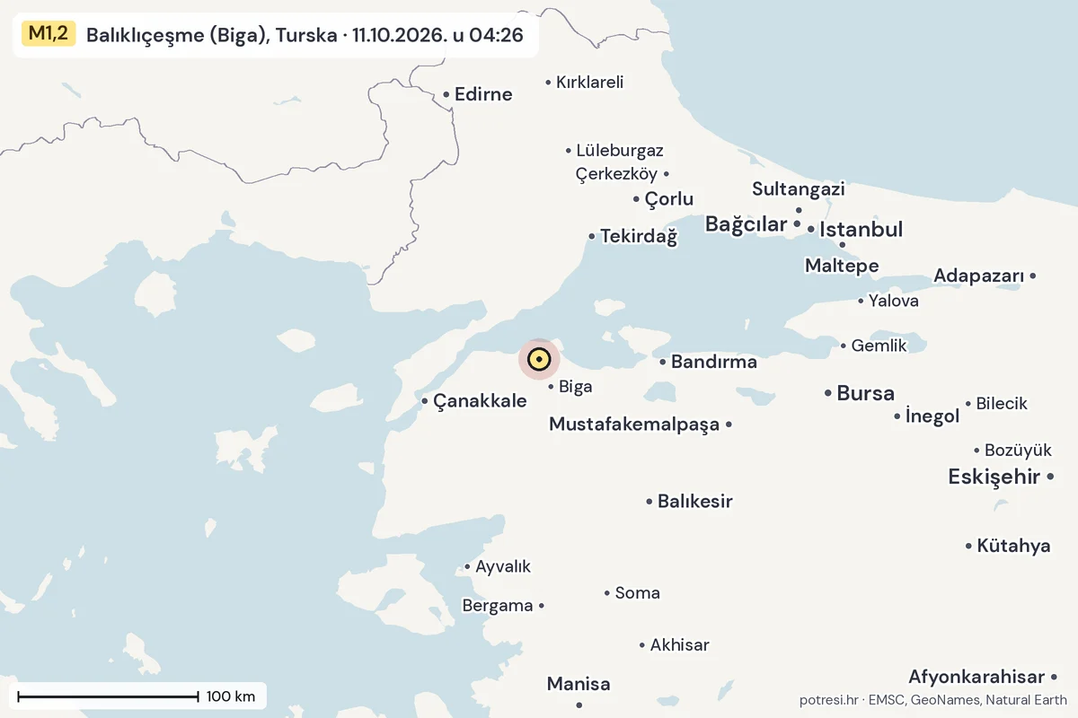 Karta: šire područje, 600 km, potres M1,2, Balıklıçeşme (Biga), Turska, 11.10.2026.