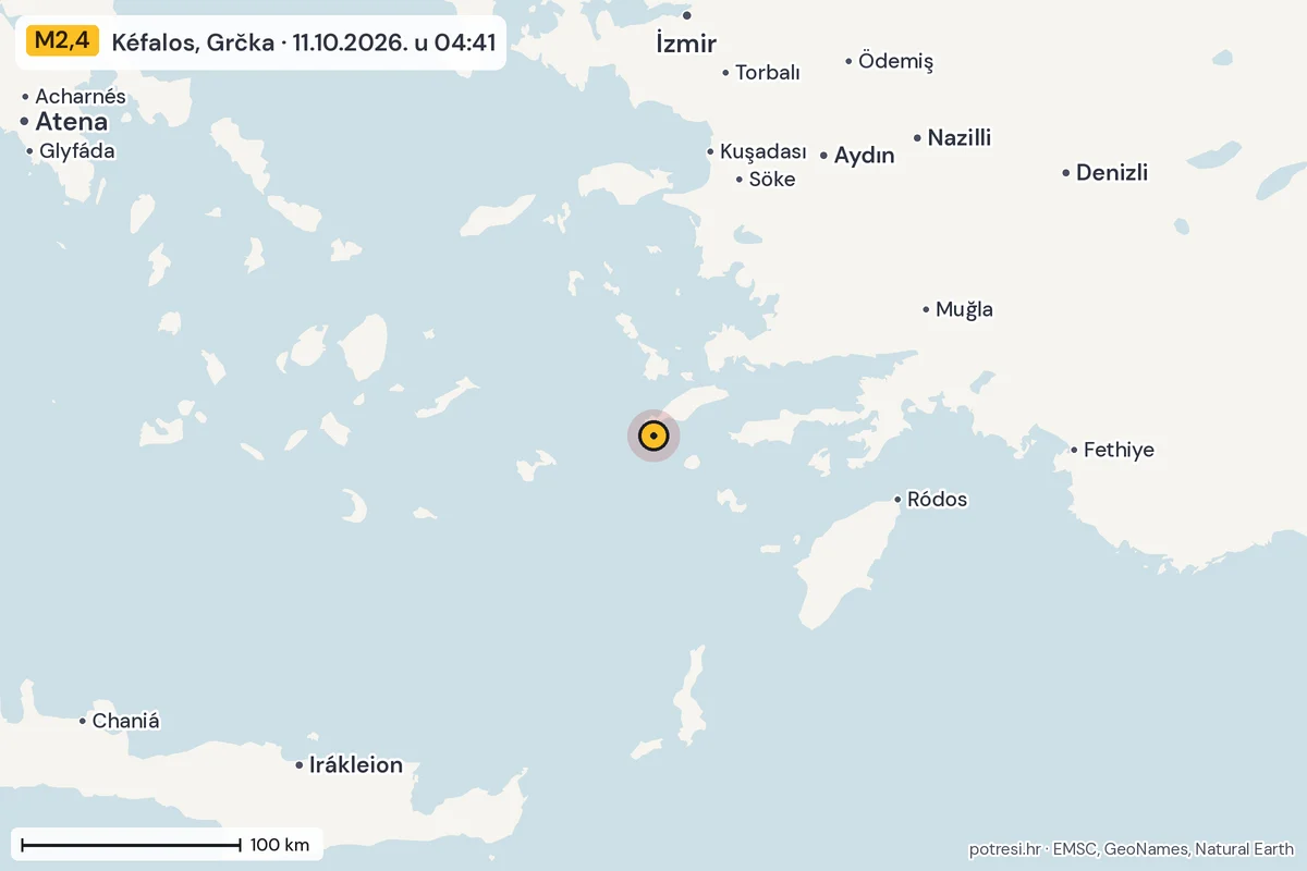 Karta: šire područje, 600 km, potres M2,4, Kéfalos, Grčka, 11.10.2026.