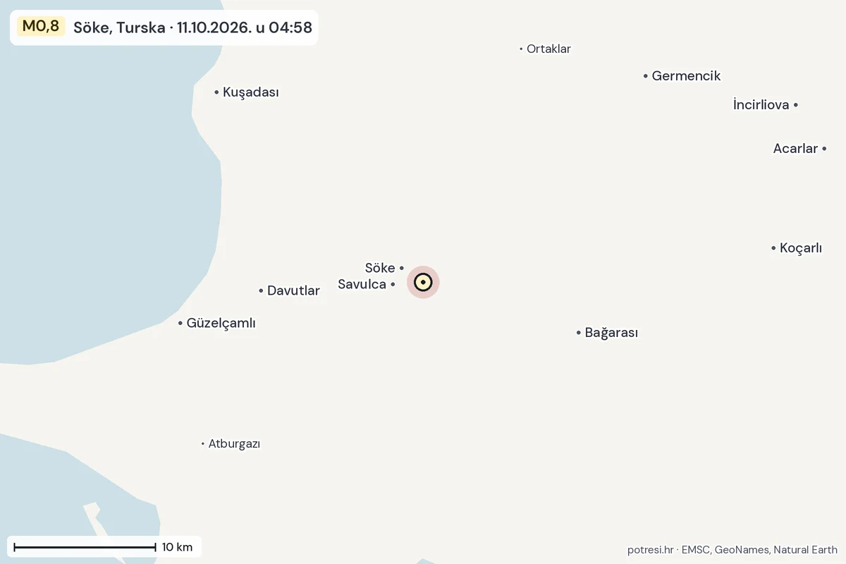 Karta: okolica epicentra, 60 km, potres M0,8, Söke, Turska, 11.10.2026.