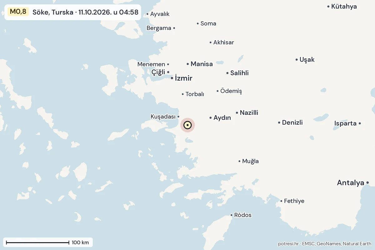 Karta: šire područje, 600 km, potres M0,8, Söke, Turska, 11.10.2026.
