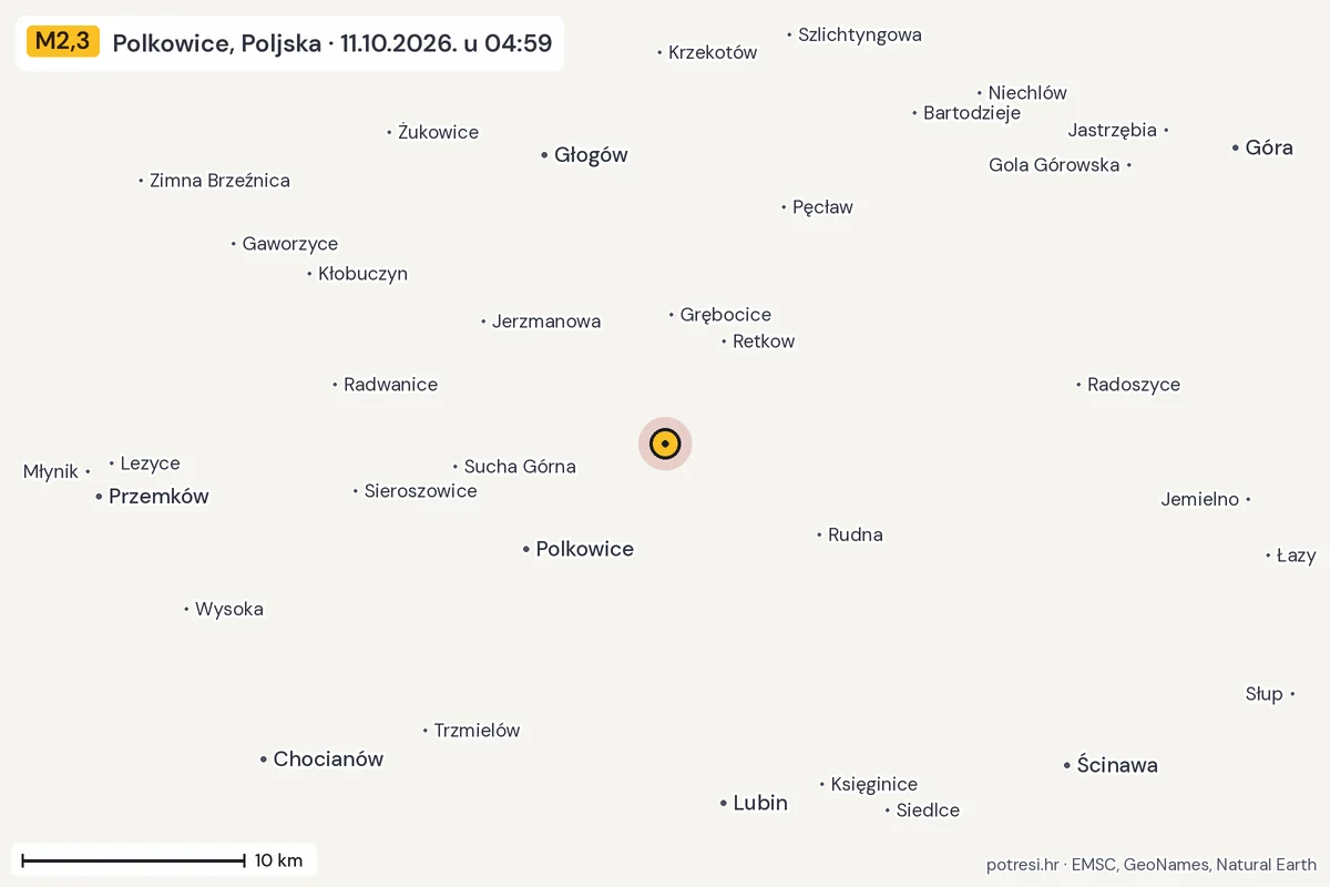 Karta: okolica epicentra, 60 km, potres M2,3, Polkowice, Poljska, 11.10.2026.