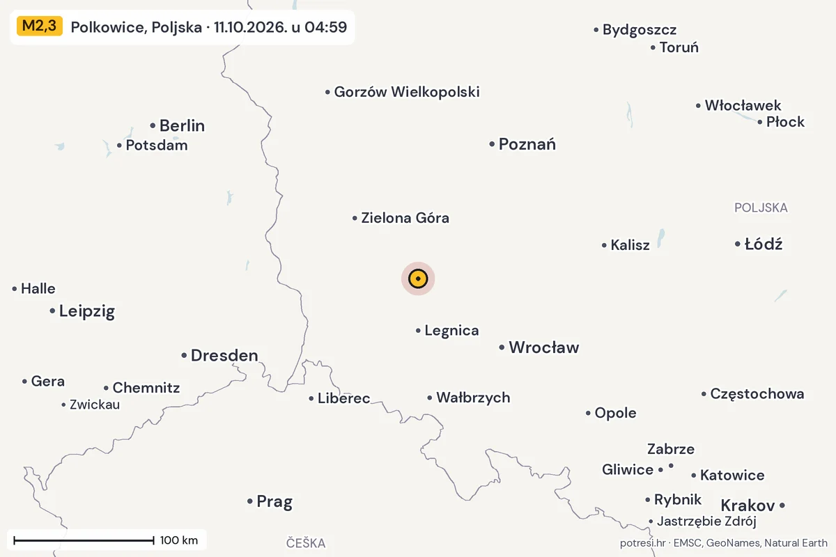 Karta: šire područje, 600 km, potres M2,3, Polkowice, Poljska, 11.10.2026.