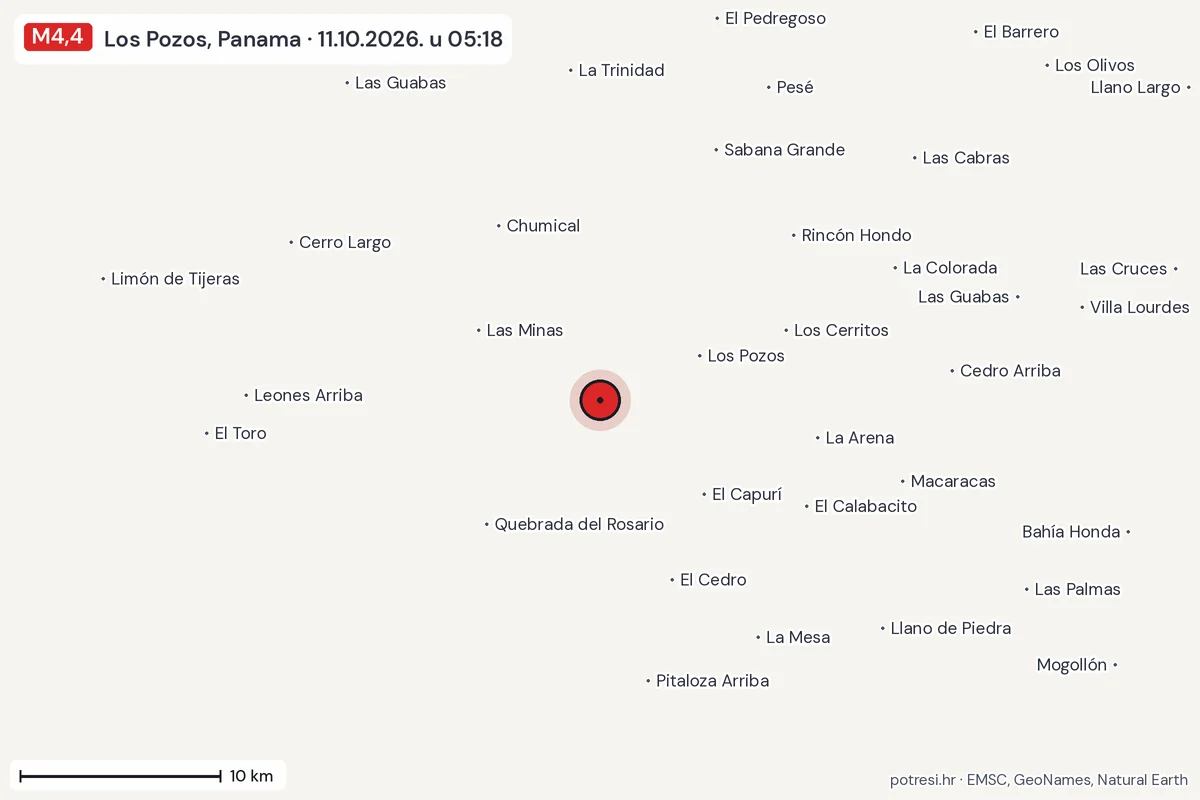 Karta: okolica epicentra, 60 km, potres M4,4, Los Pozos, Panama, 11.10.2026.