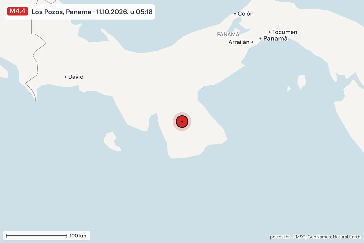 Karta: šire područje, 600 km, potres M4,4, Los Pozos, Panama, 11.10.2026.