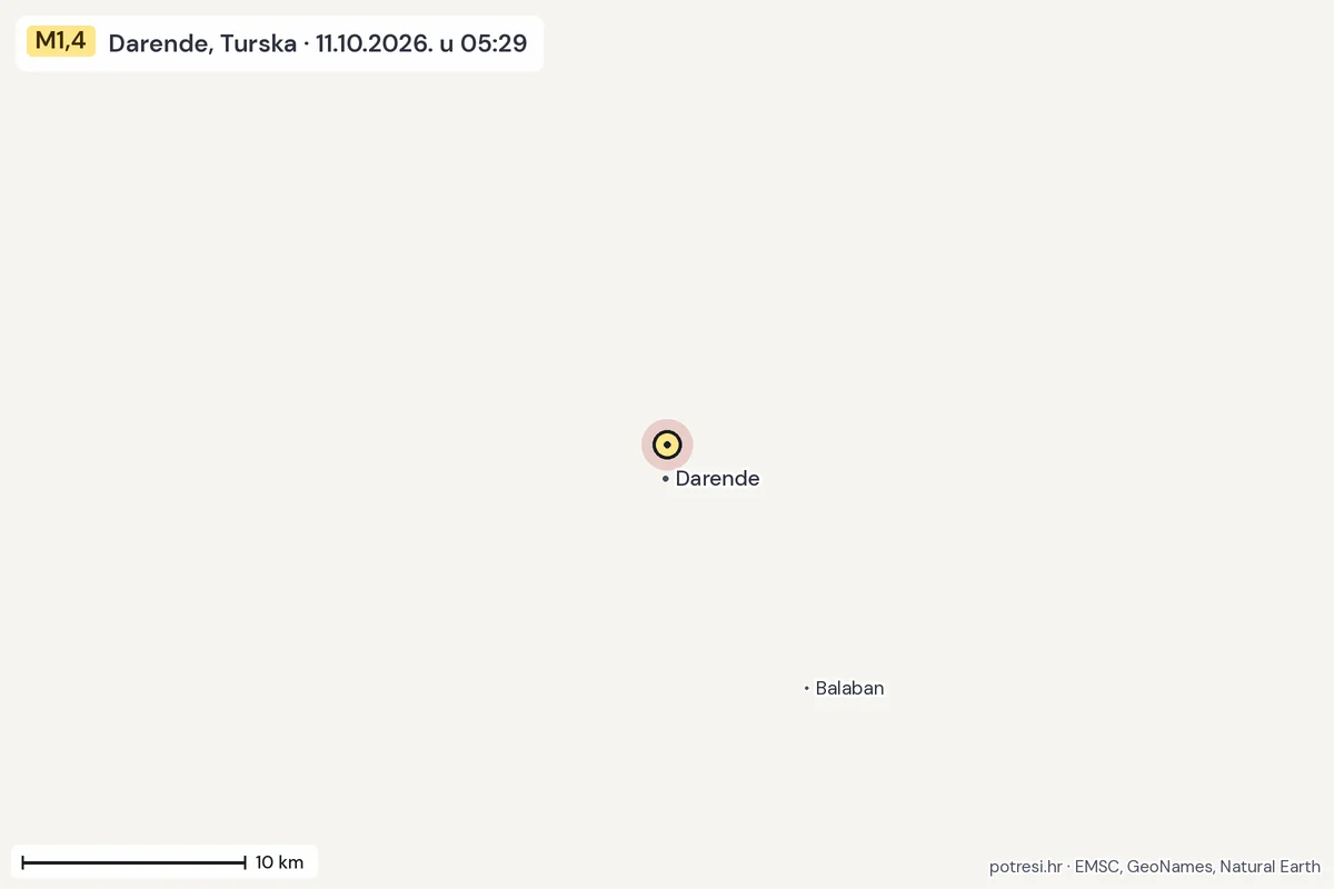 Karta: okolica epicentra, 60 km, potres M1,4, Darende, Turska, 11.10.2026.