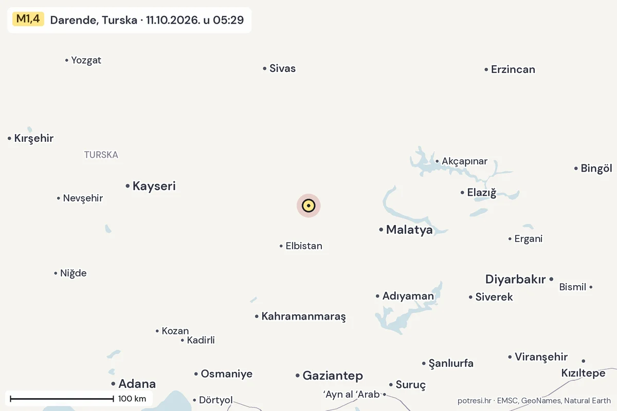 Karta: šire područje, 600 km, potres M1,4, Darende, Turska, 11.10.2026.