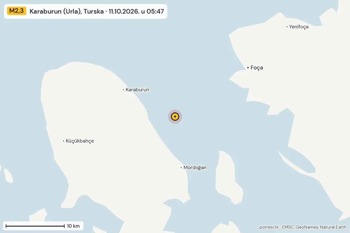 Karta: okolica epicentra, 60 km, potres M2,3, Karaburun (Urla), Turska, 11.10.2026.